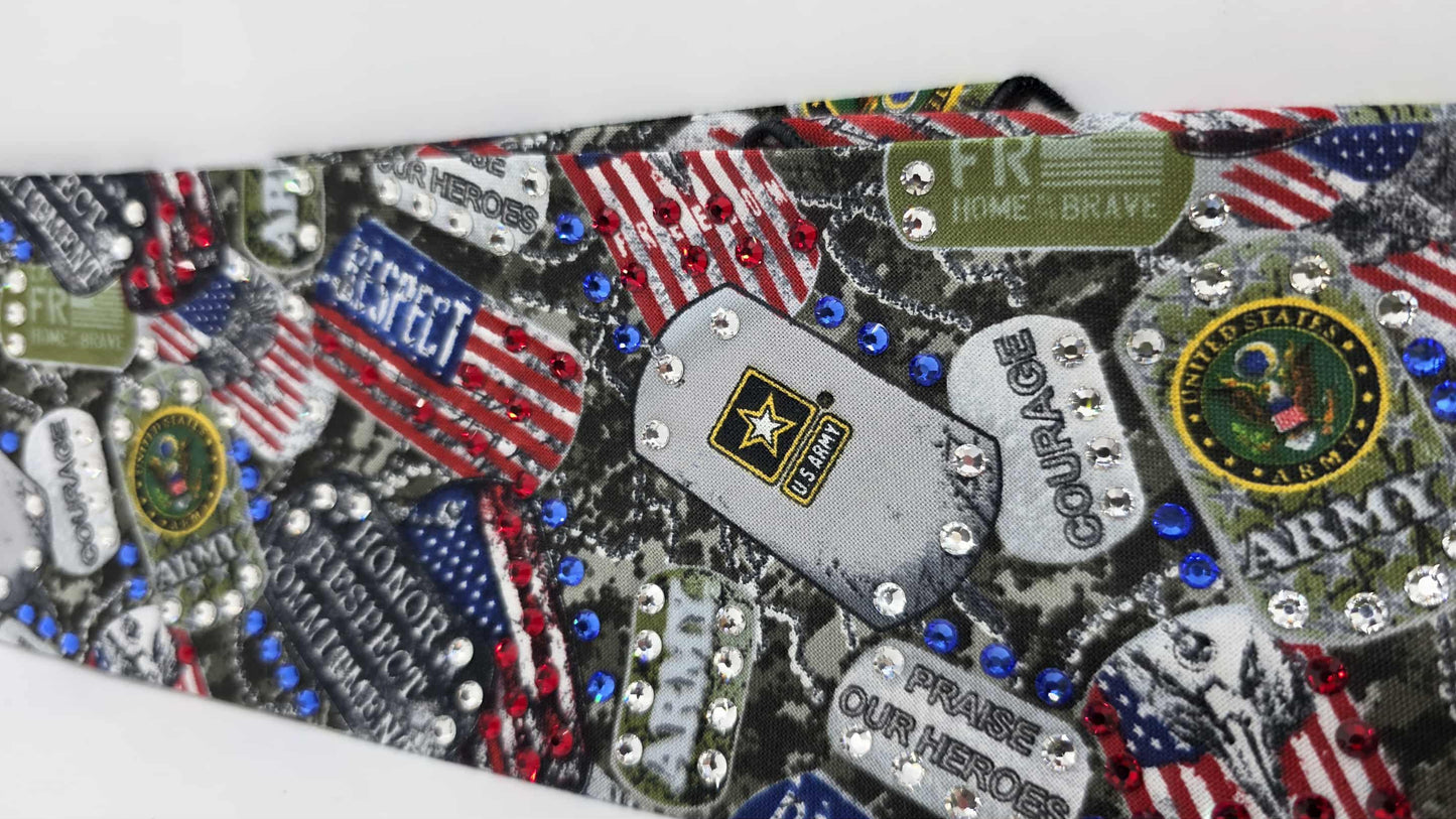 EXTRA BLING -Army Bandana with Red, Blue and Diamond Clear Austrian Crystals (sku6418)
