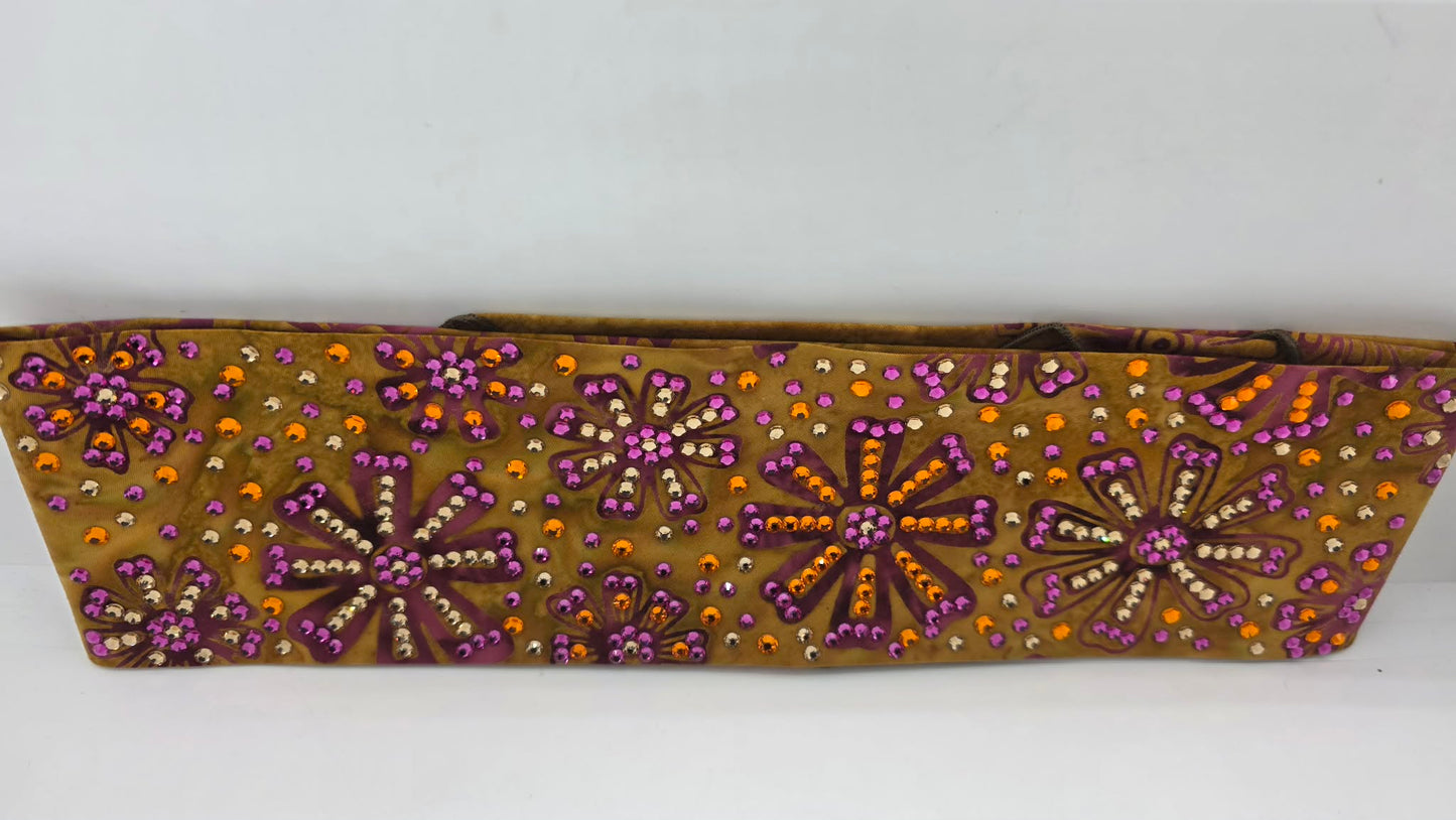 Super LeeAnnette Purple Flowers on Brown Batik Bandana with Golden Brown, Fuchsia and Orange Austrian Crystals (S48129)