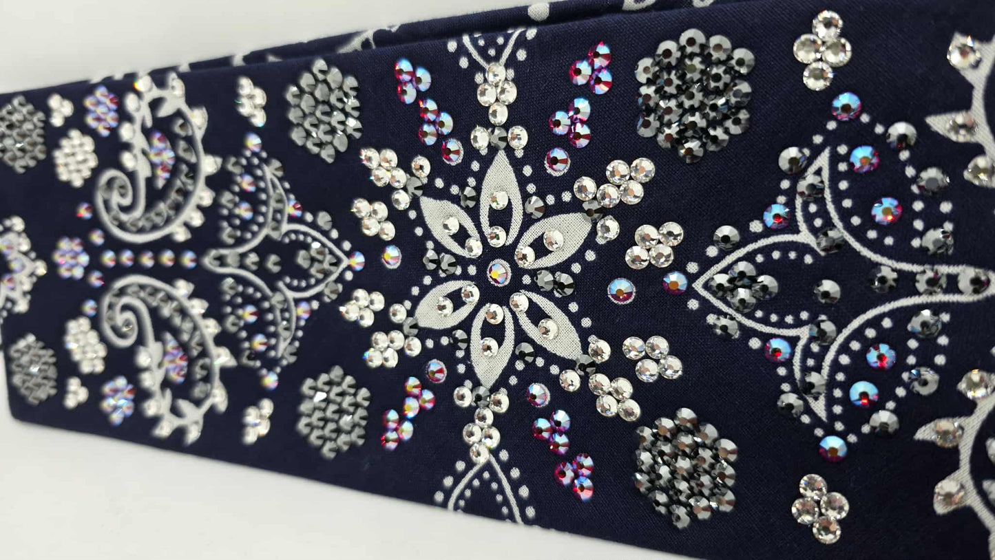 Super LeeAnnette Large Navy Blue Flower Bandana with Red Shimmer, Black and Diamond Clear Austrian Crystals (sku40125)