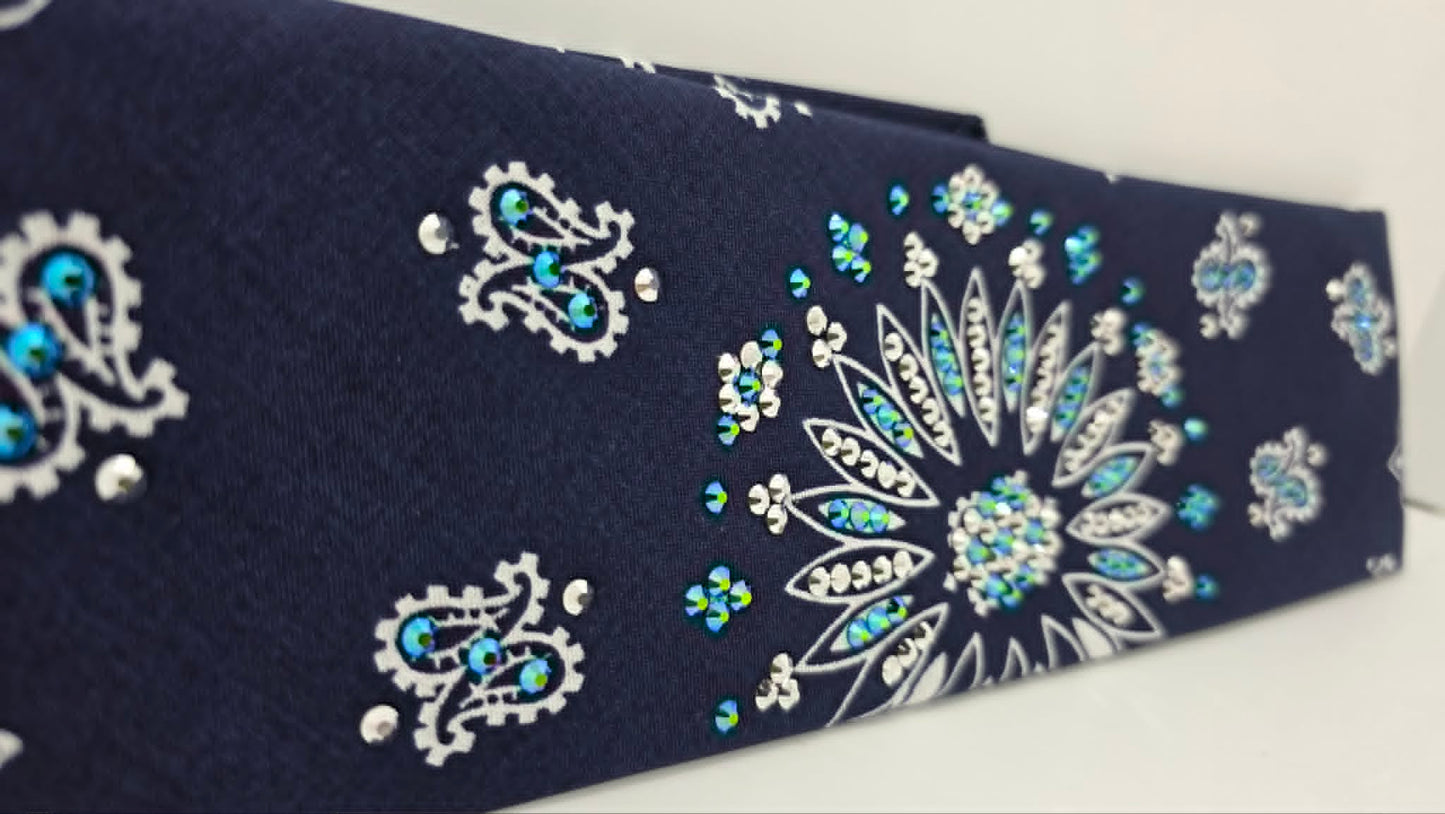 Navy Blue Paisley Bandana with Jet Shimmer and Chrome Austrian Crystals (E60144)
