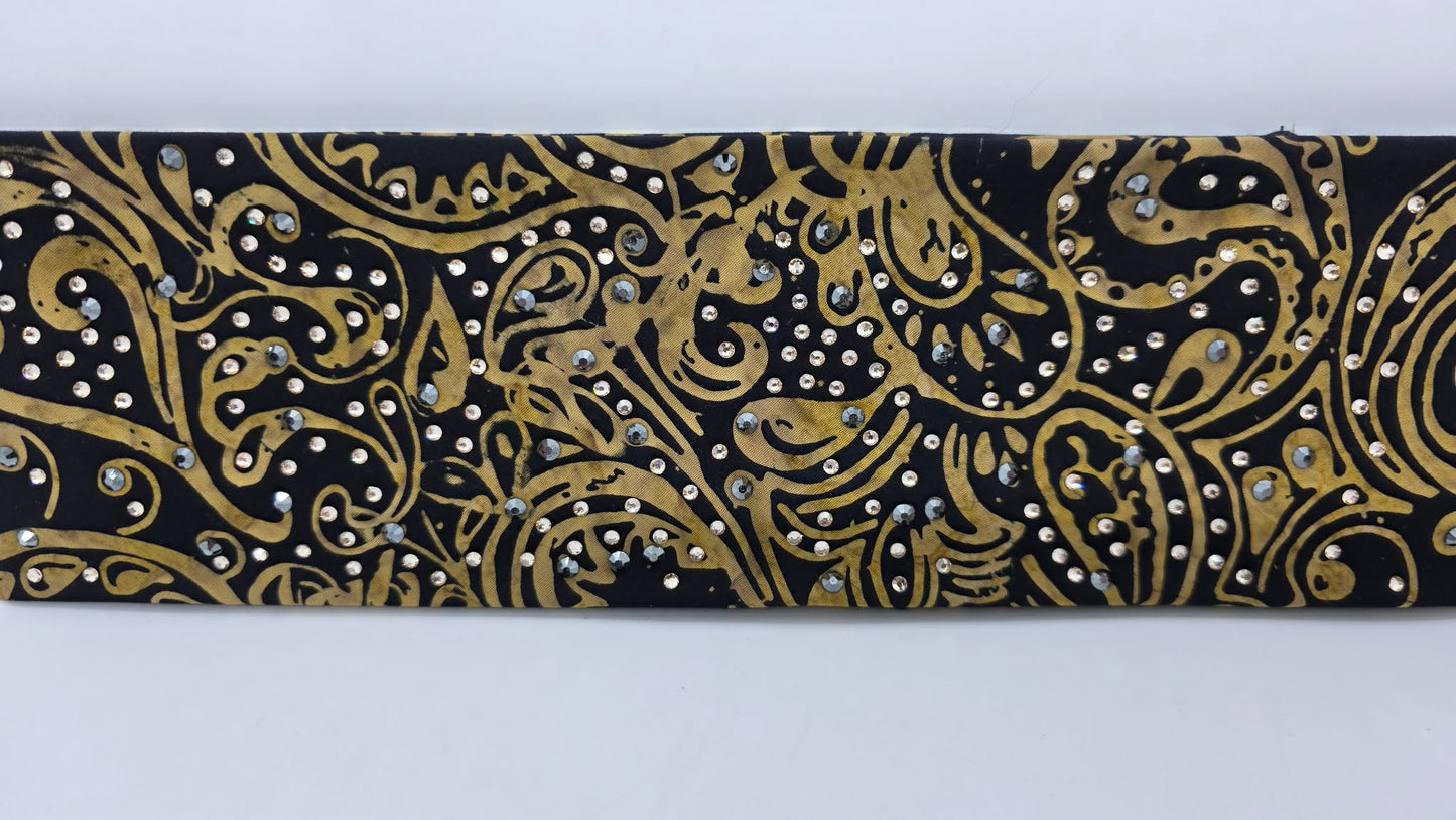 EXTRA BLING - Black and Gold Scroll Bandana with Honey and Black Austrian Crystals (E60107))