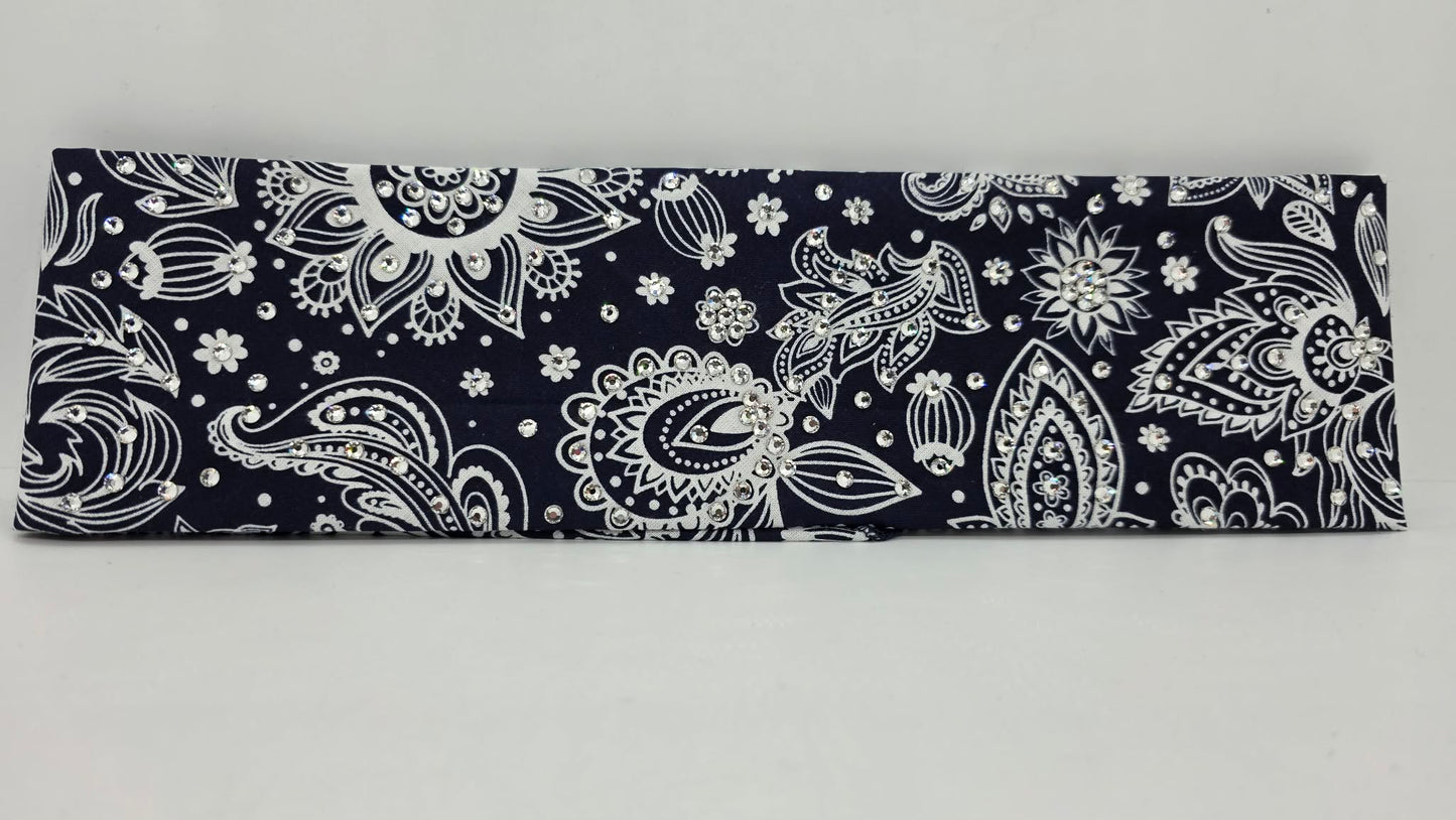 White on Navy Bandana with Diamond Clear Austrian Crystals (E60128)