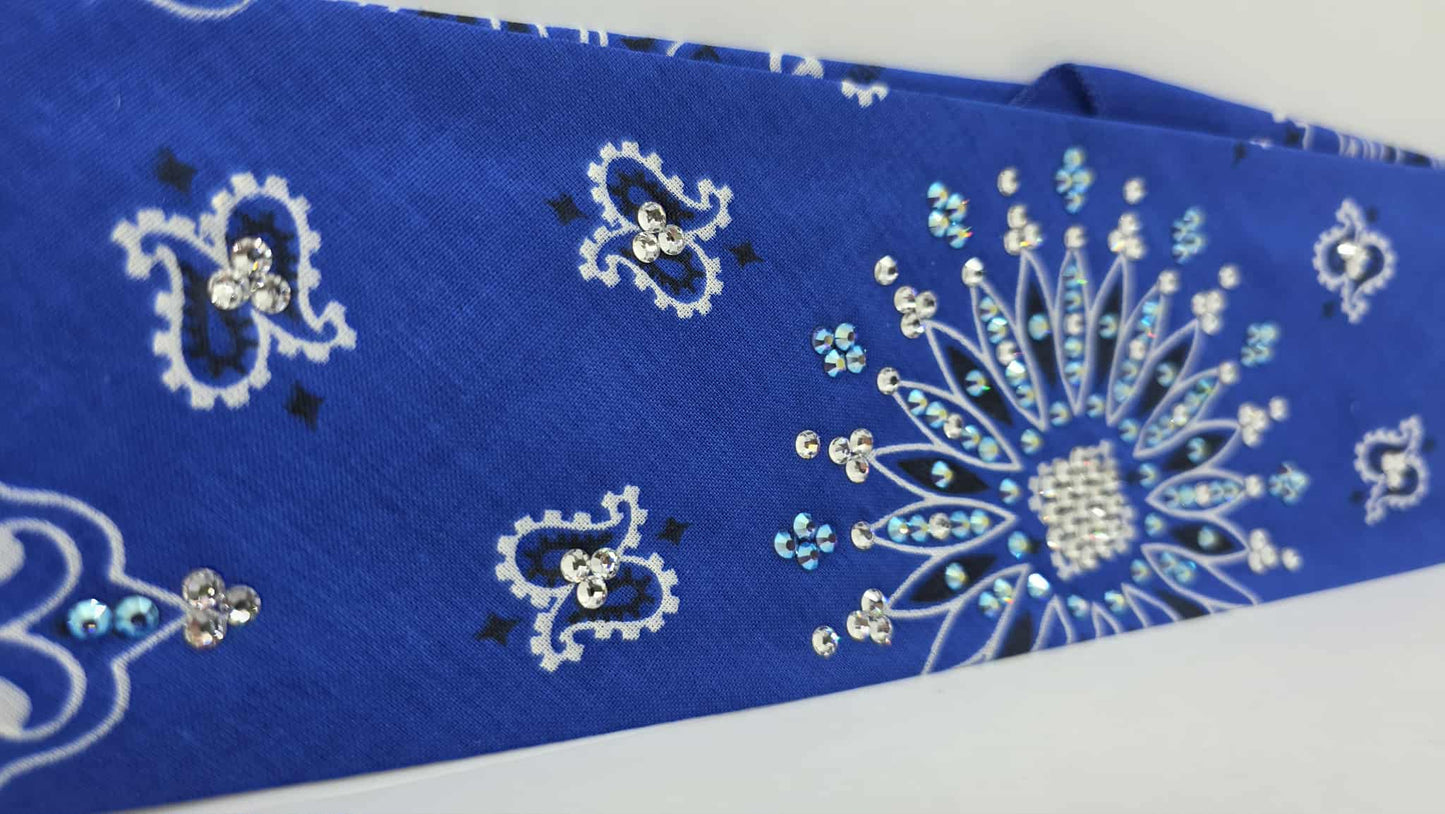 EXTRA BLING - Royal Blue Paisley Bandana with Blue Shimmer and Diamond Clear Austrian Crystals (sku6404)