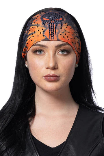 Stretchy Headband Tie-Dye Orange Skull with Gemstone  (Sku5417)