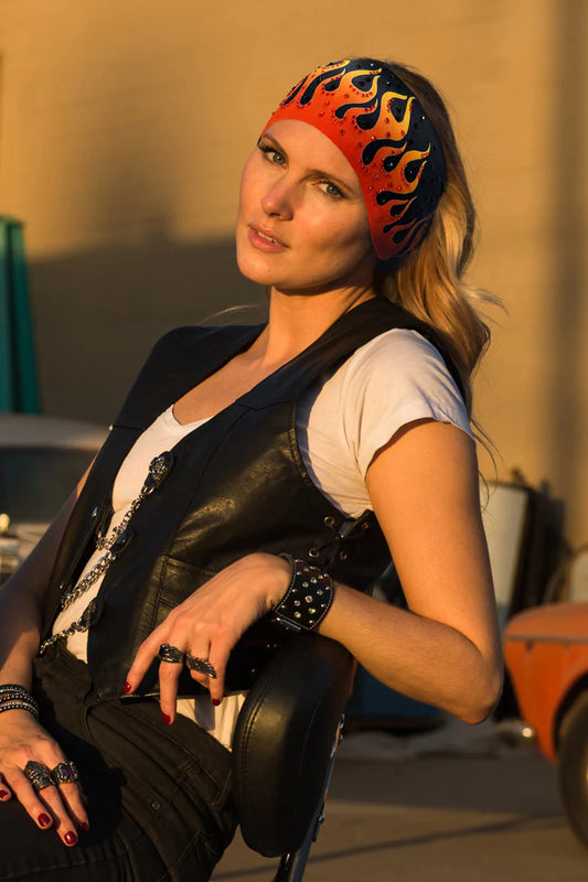 Stretchy Headband Orange Flames with Gemstone  (Sku5418)