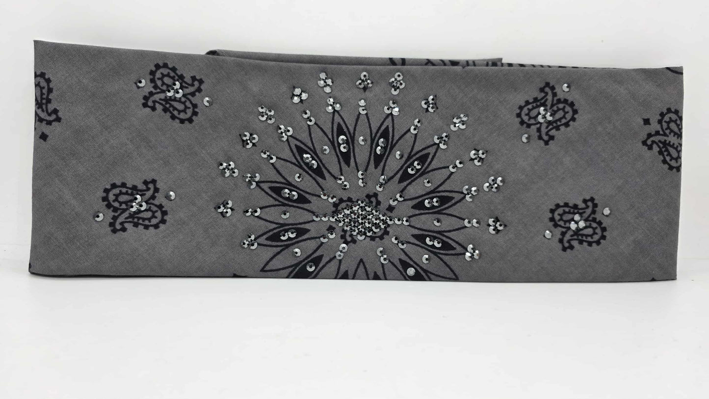 EXTRA BLING - Large Grey Paisley Bandana with Black Austrian Crystals (sku6406)