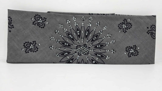 EXTRA BLING - Large Grey Paisley Bandana with Black Austrian Crystals (sku6406)