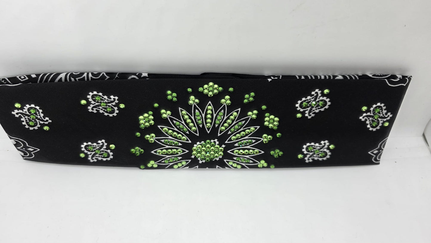 Black Paisley Bandana with Light and Dark Green Austrian Crystals (E60103)