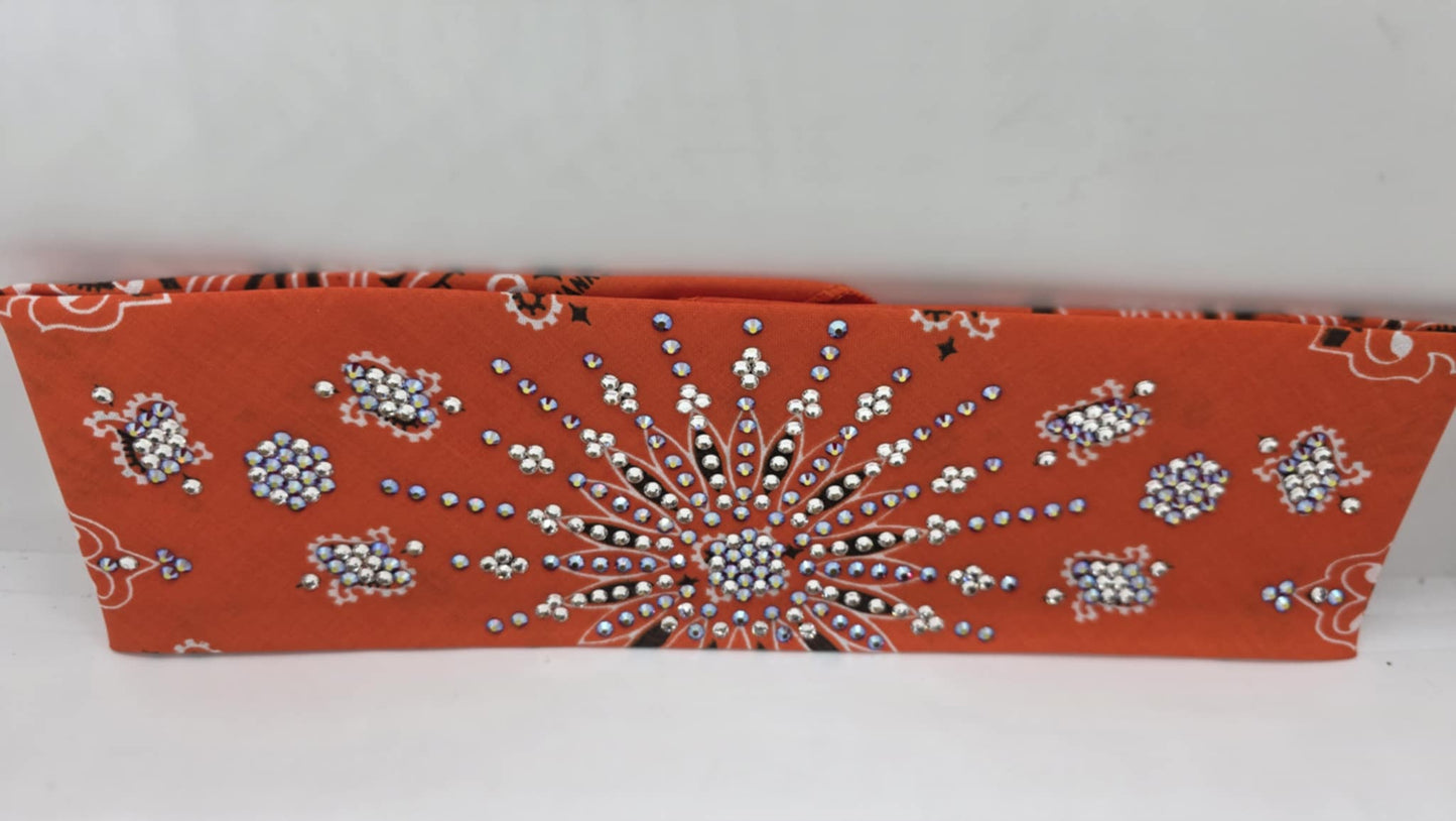LeeAnnette Orange Paisley Bandana with Red Shimmer and Diamond Clear Austrian Crystals (sku40092)