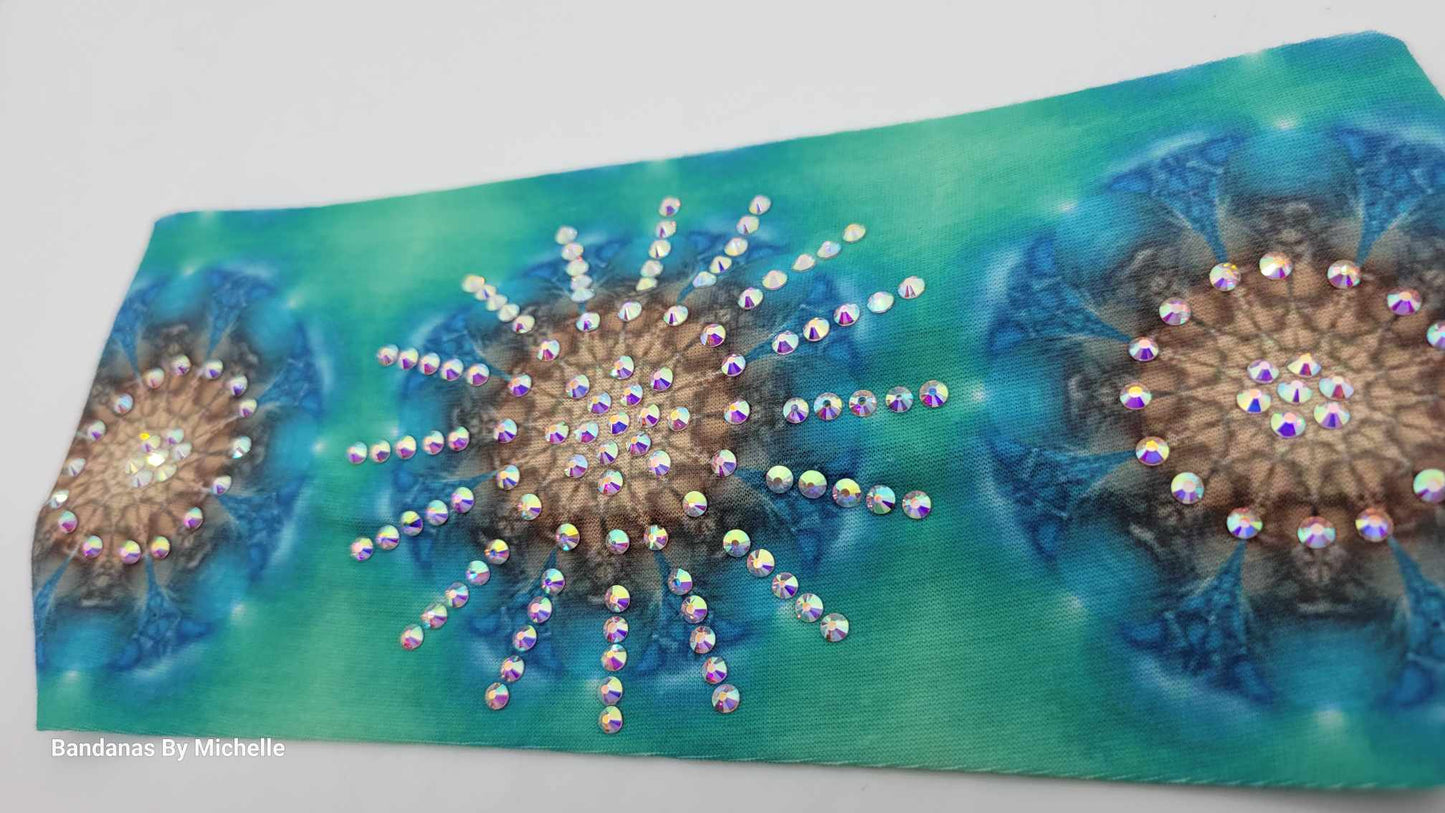 Turquoise Blue Green Stretchy Headband With Aurora Borealis Crystals (Sku5145)