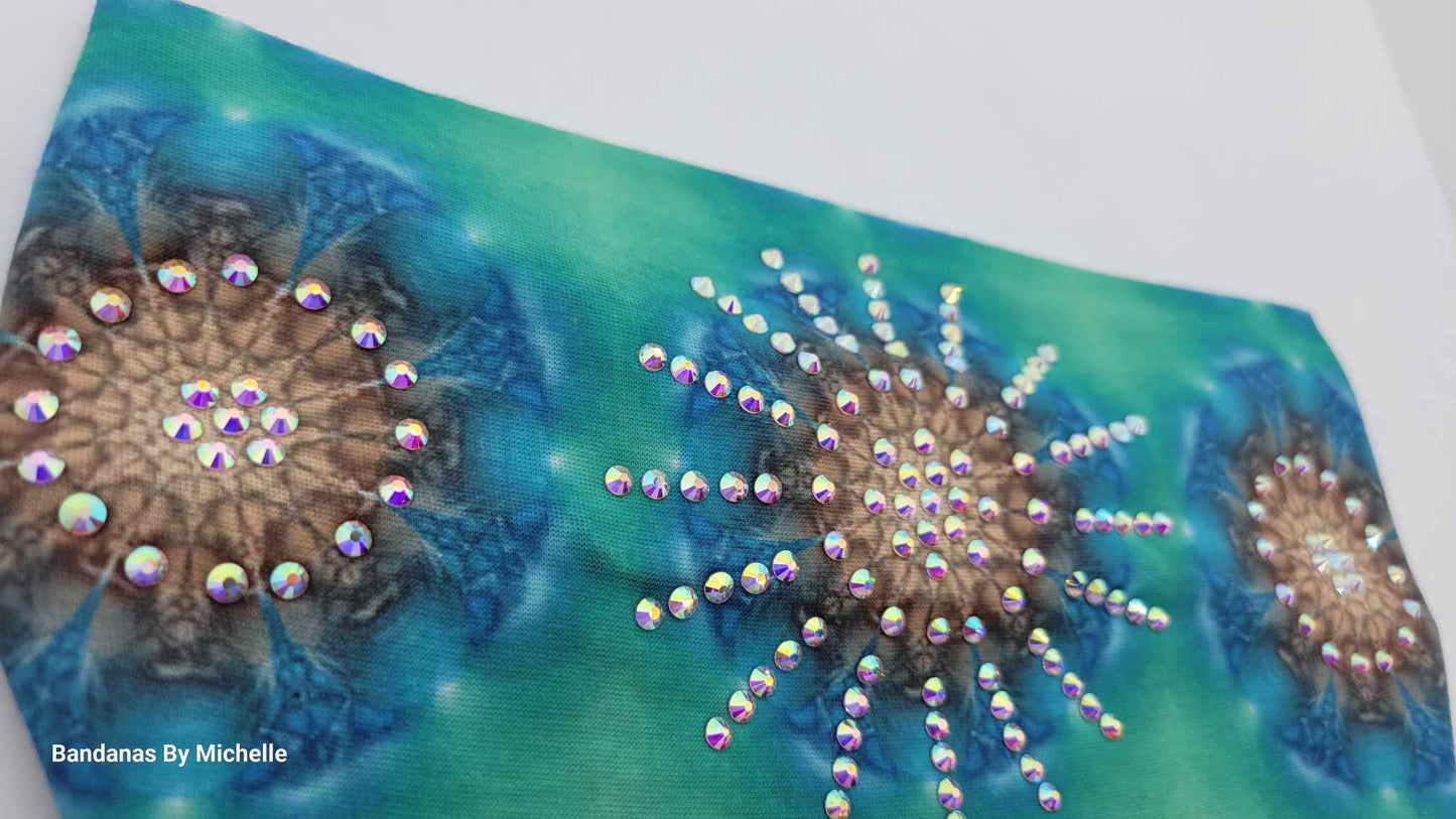 Turquoise Blue Green Stretchy Headband With Aurora Borealis Crystals (Sku5145)