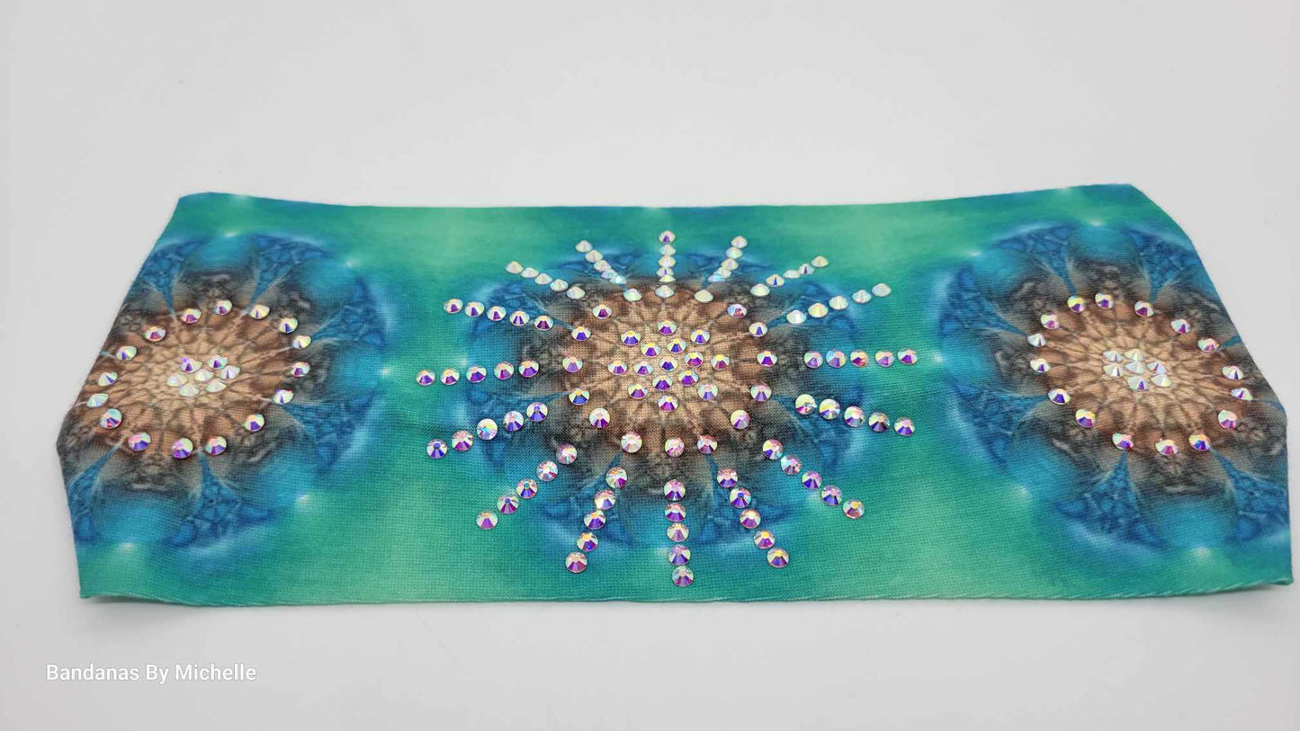 Turquoise Blue Green Stretchy Headband With Aurora Borealis Crystals (Sku5145)