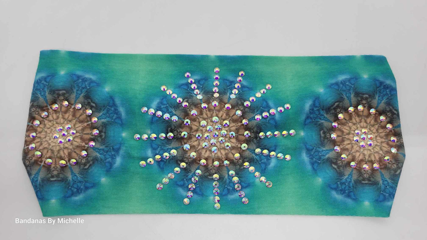 Turquoise Blue Green Stretchy Headband With Aurora Borealis Crystals (Sku5145)