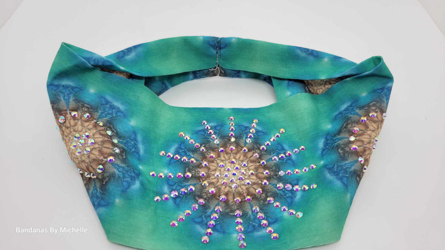 Turquoise Blue Green Stretchy Headband With Aurora Borealis Crystals (Sku5145)