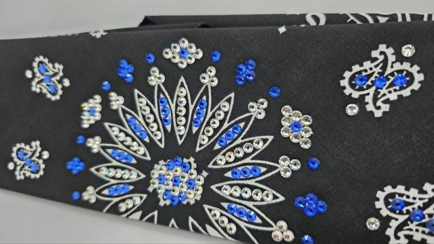 Black Paisley Bandana with Sapphire and Diamond Clear Austrian Crystals (E60140)