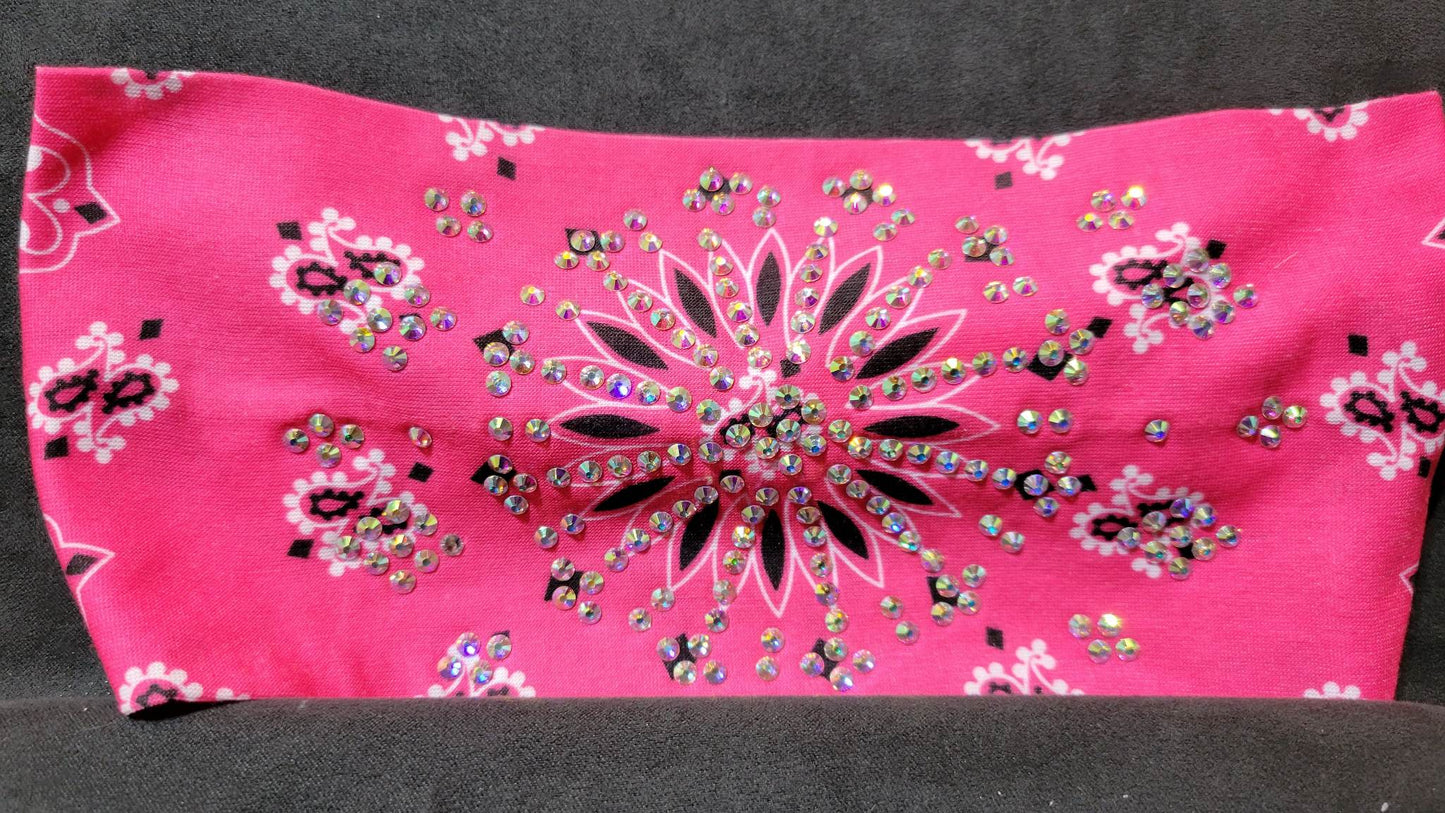 Stretchy Headband Bright Pink Paisley with Aurora Borealis Crystals (Sku5313)
