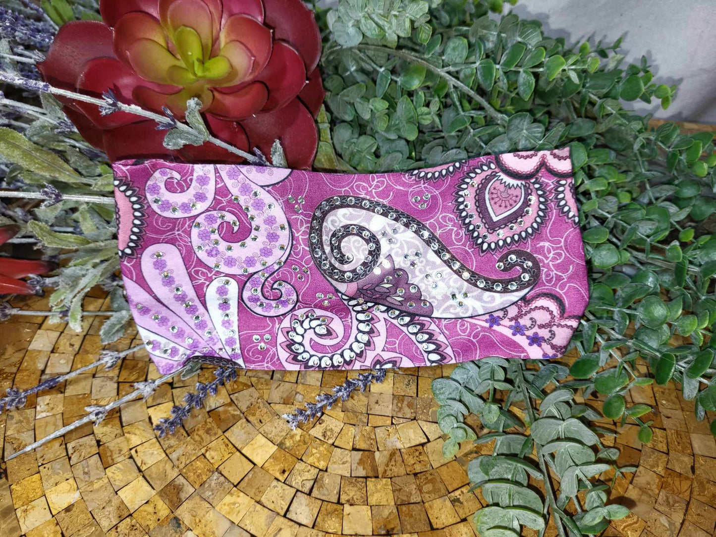 Stretchy Headband Purple and Pink Paisley with Diamond Clear Crystals (Sku5315)