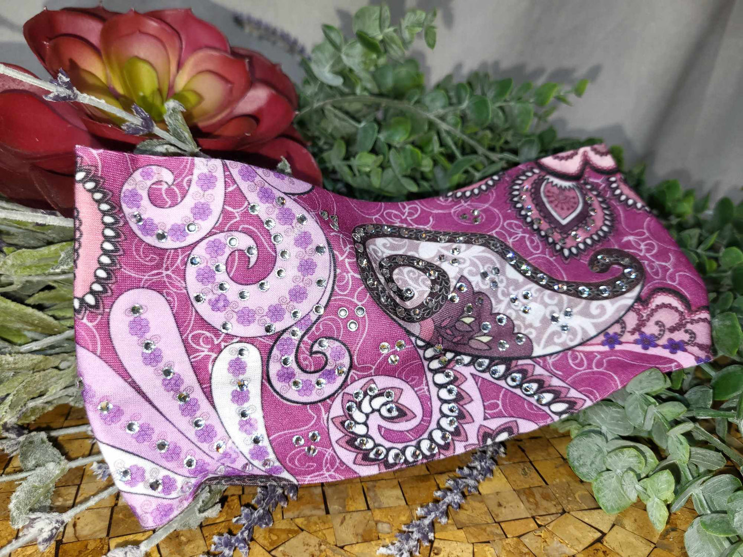 Stretchy Headband Purple and Pink Paisley with Diamond Clear Crystals (Sku5315)