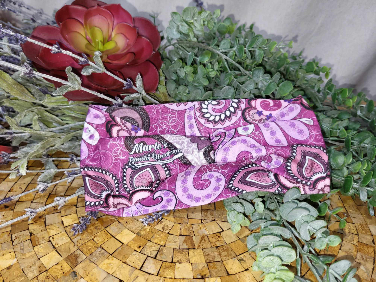 Stretchy Headband Purple and Pink Paisley with Diamond Clear Crystals (Sku5315)