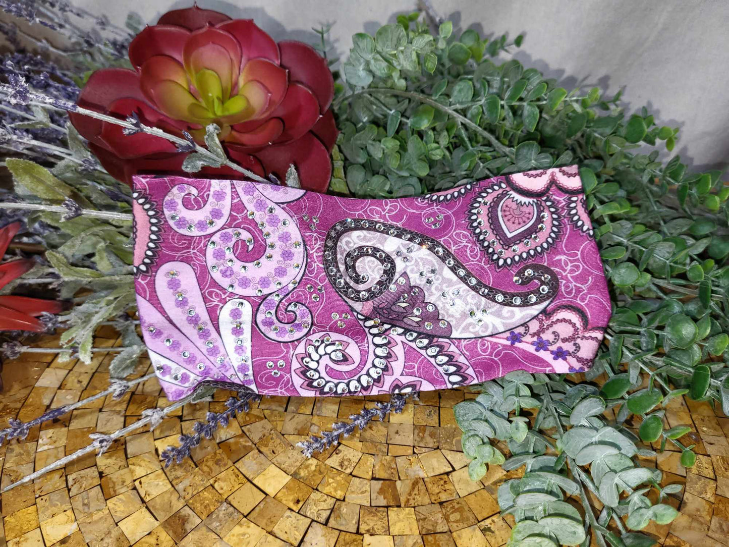 Stretchy Headband Purple and Pink Paisley with Diamond Clear Crystals (Sku5315)