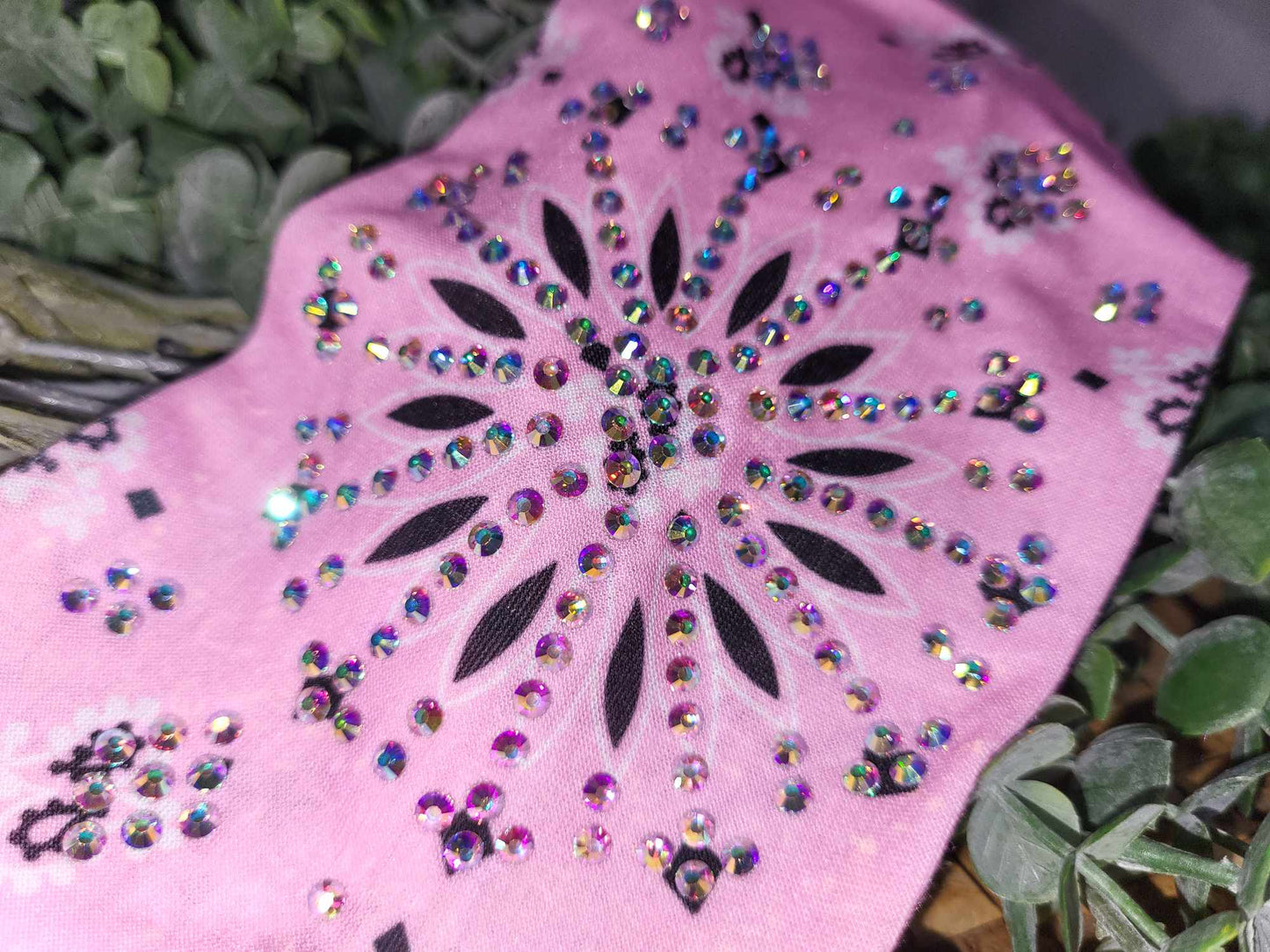 Stretchy Headband Light Pink Paisley with Aurora Borealis Crystals (Sku5324)