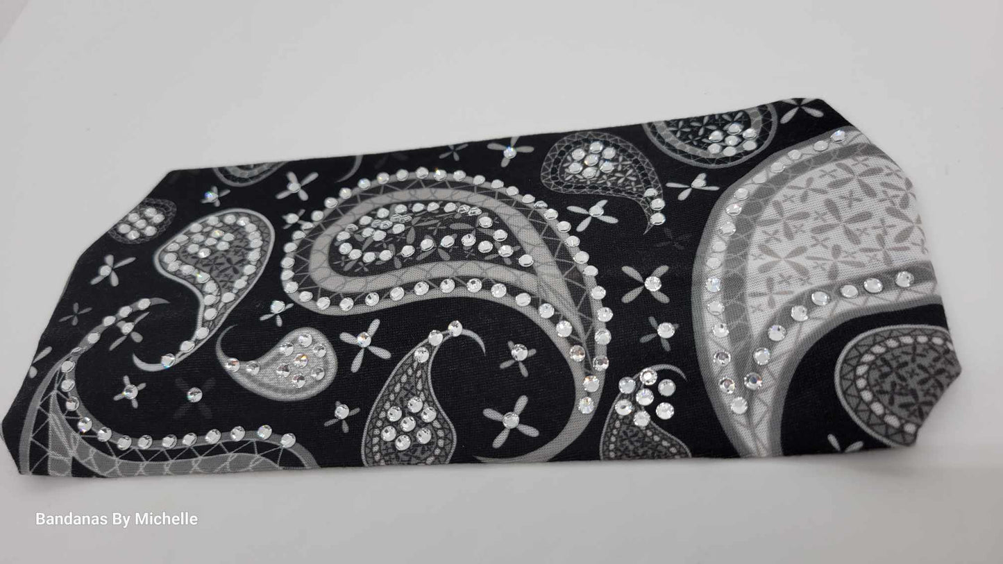 Stretchy Headband Black and Grey Paisley with Diamond Clear Crystals (Sku5328)