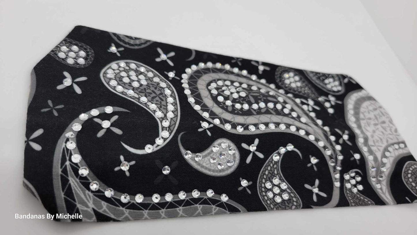 Stretchy Headband Black and Grey Paisley with Diamond Clear Crystals (Sku5328)