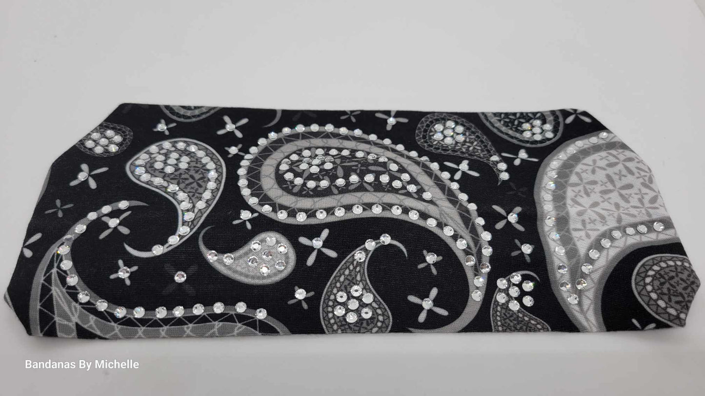 Stretchy Headband Black and Grey Paisley with Diamond Clear Crystals (Sku5328)