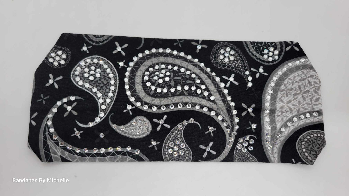 Stretchy Headband Black and Grey Paisley with Diamond Clear Crystals (Sku5328)