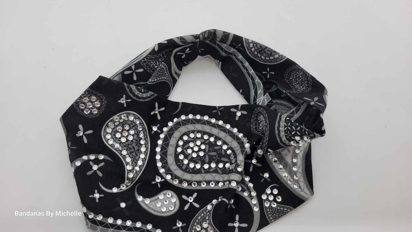 Stretchy Headband Black and Grey Paisley with Diamond Clear Crystals (Sku5328)