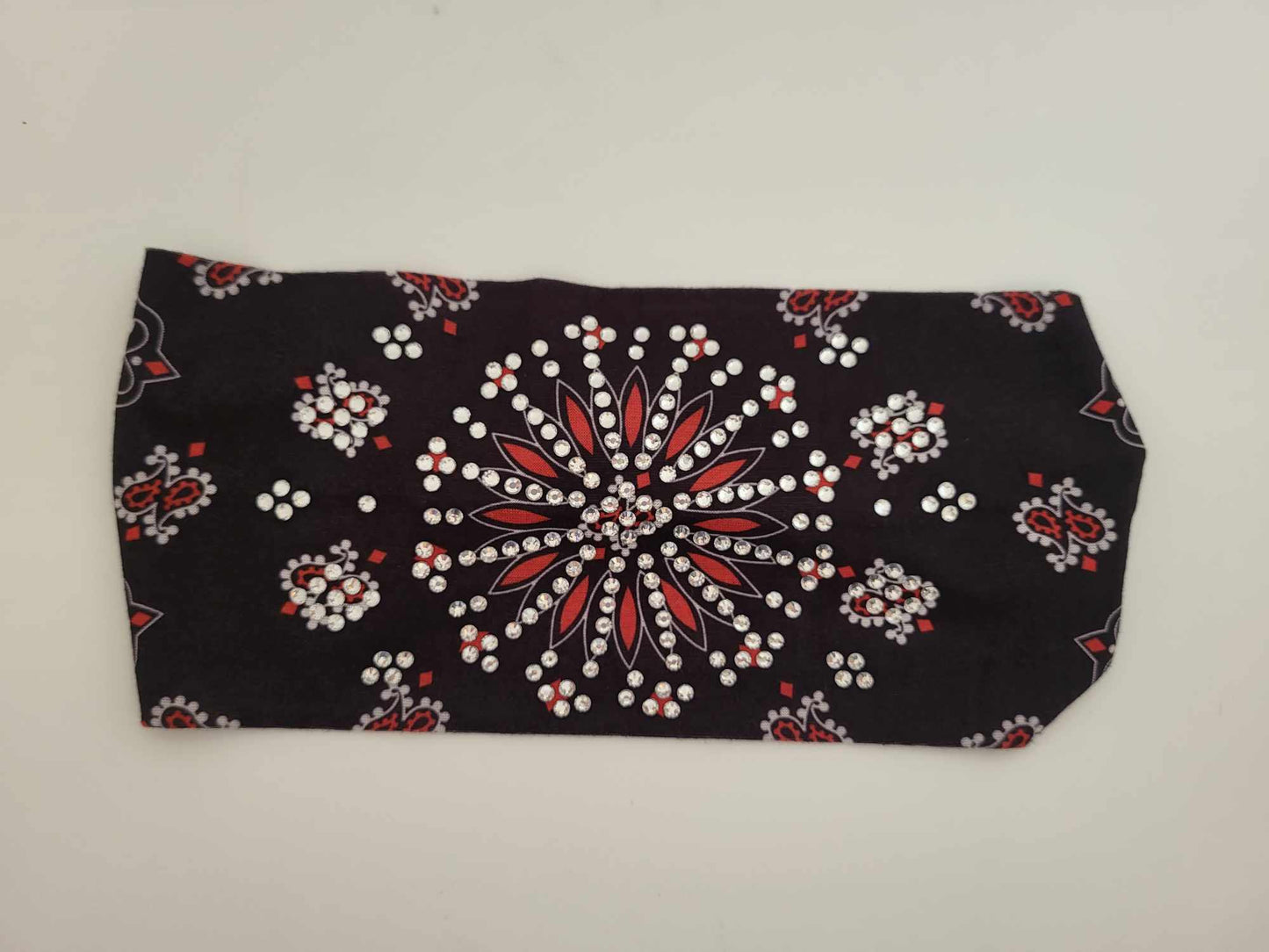 Stretchy Headband Black and Red Paisley With Diamond Clear Crystals (Sku5344)