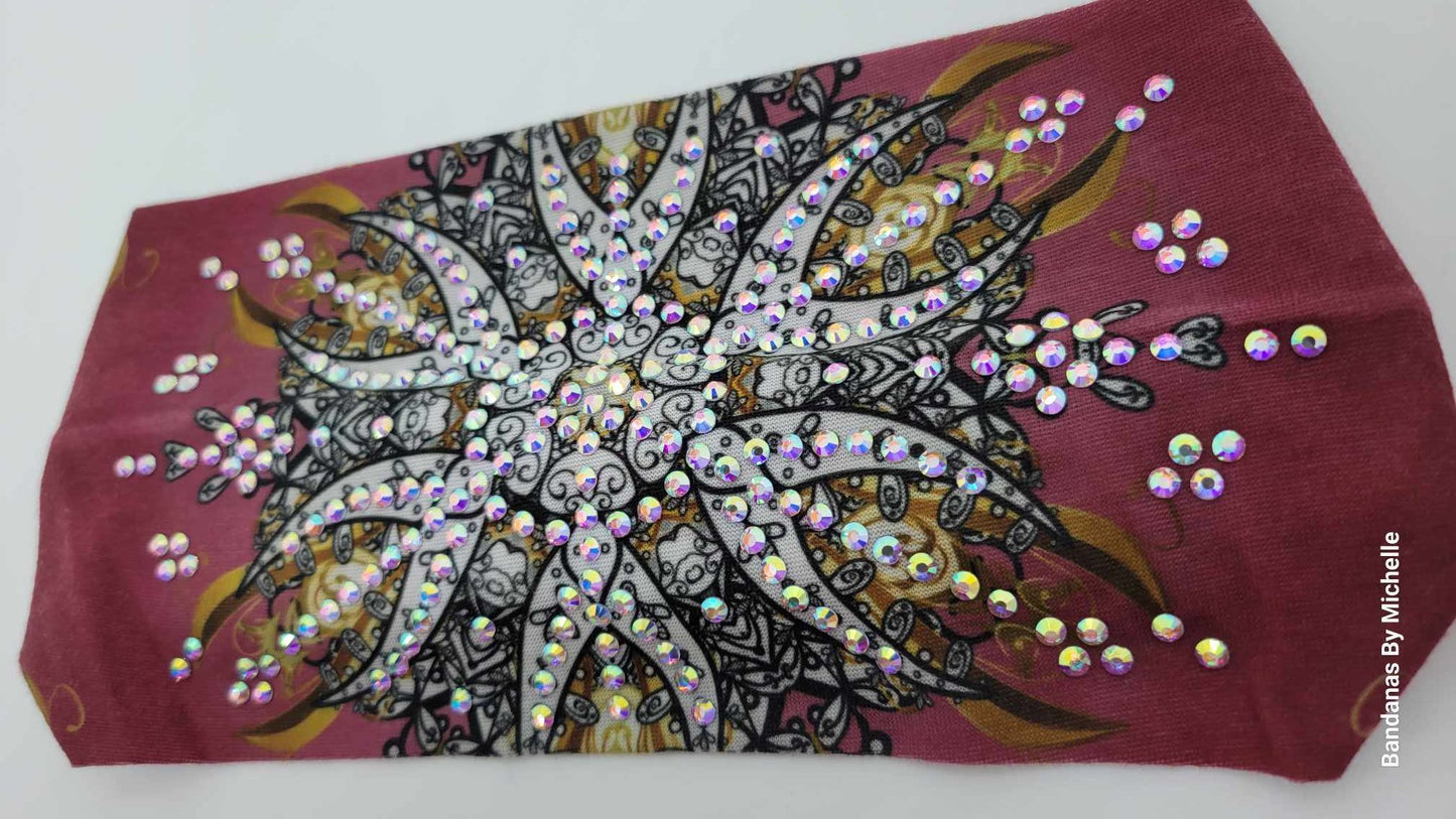 Stretchy Headband Flower design on Wine With Aurora Borealis Crystals (Sku5359)