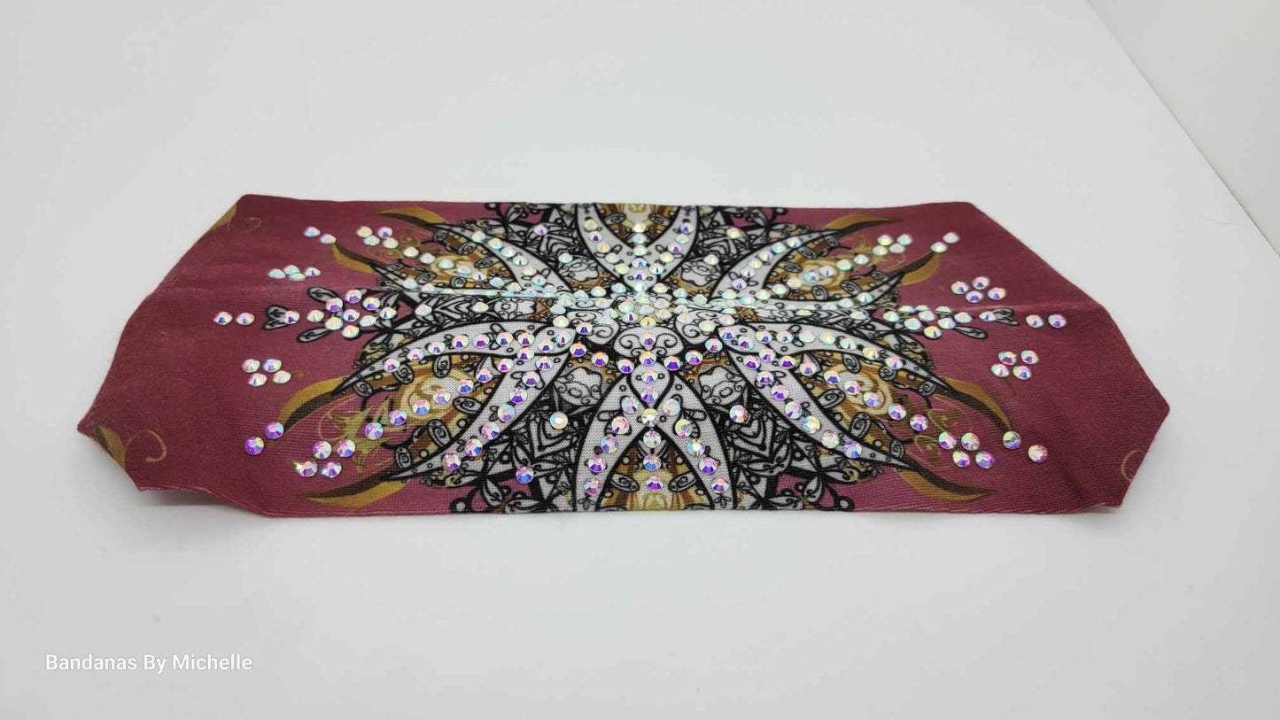Stretchy Headband Flower design on Wine With Aurora Borealis Crystals (Sku5359)