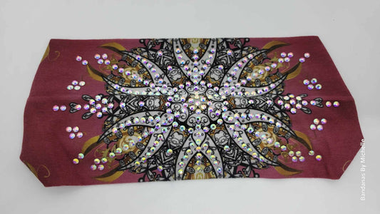Stretchy Headband Flower design on Wine With Aurora Borealis Crystals (Sku5359)