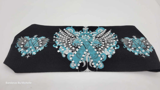 Stretchy Headband Teal Ribbon and Wings With Diamond Clear Crystals (Sku5376)