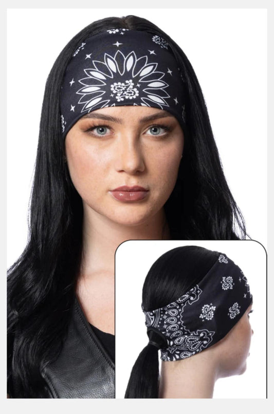Stretchy Headband Black Paisley with Ponytail Hole (Sku5401)