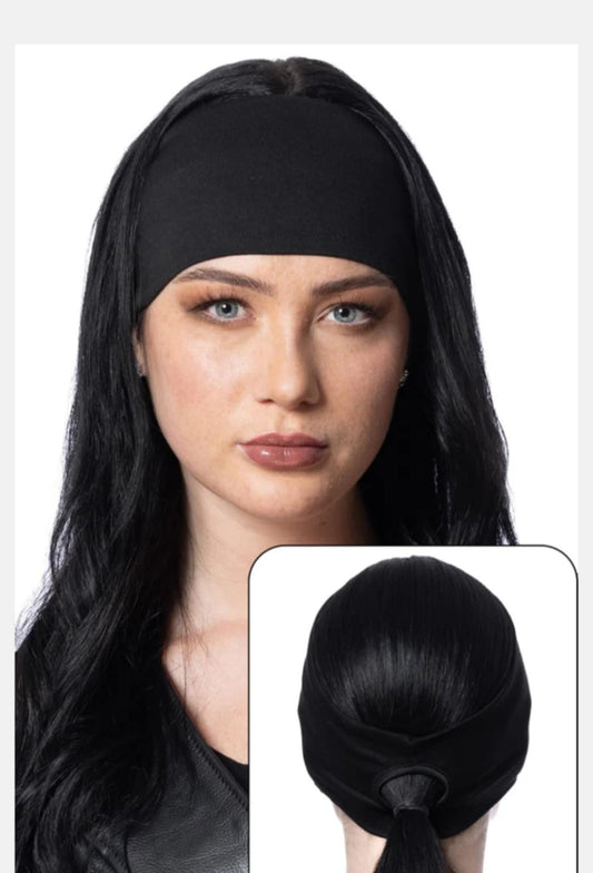 Stretchy Headband Solid Black with Ponytail Hole (Sku5402)