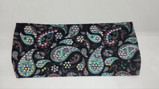 Stretchy Headband Sea Green Paisley with Aurora Borealis Crystals (Sku5476)