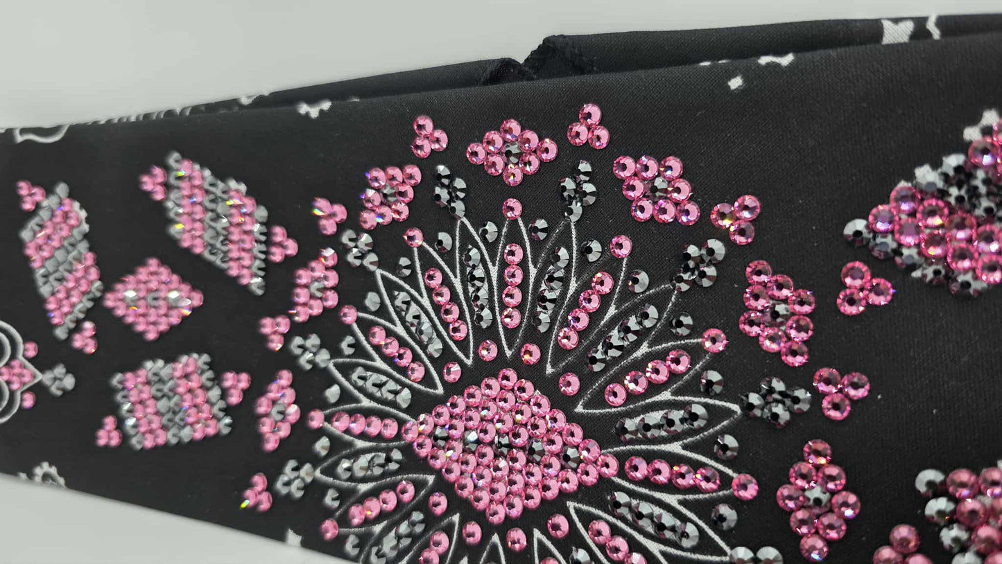 Super LeeAnnette Black Paisley Bandana with Black and Rose Austrian Crystals (sku40107)