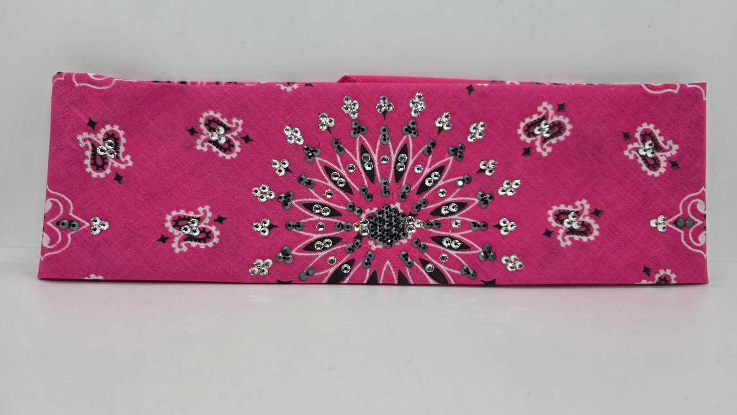 Pink Paisley Bandana with Black and Diamond Clear Austrian Crystals (E60132)