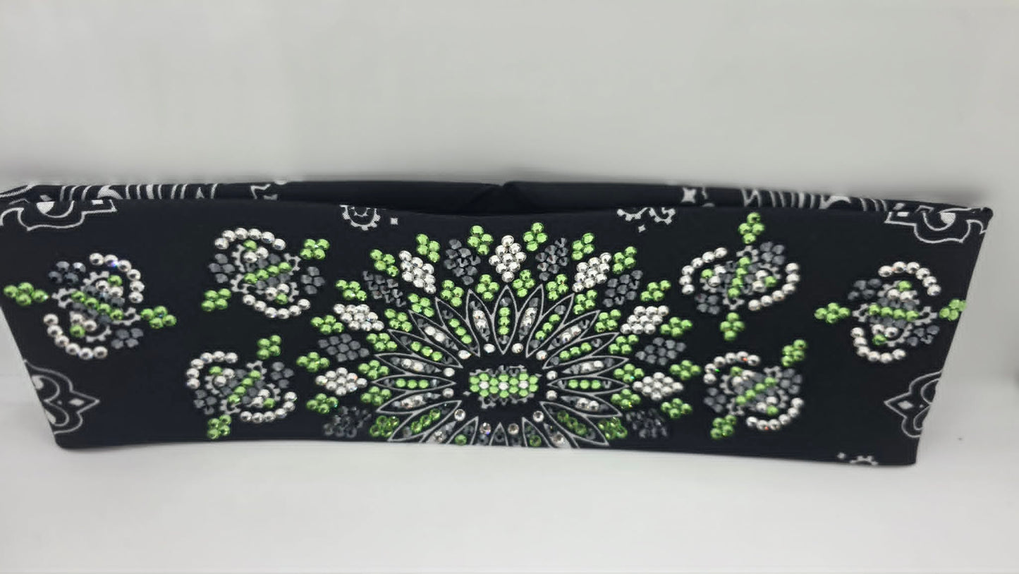 Super LeeAnnette Black Paisley Bandana with Black, Peridot and Diamond Clear Austrian Crystals (S48167)