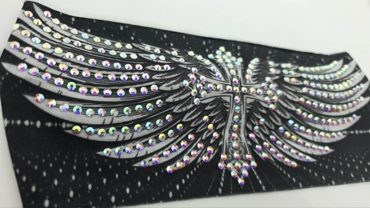 Stretchy Headband Cross and Wings on Black with Aurora Borealis Crystals (Sku5472)