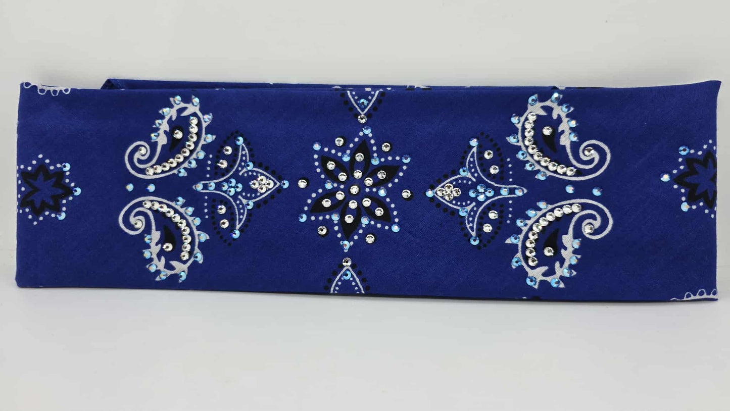 EXTRA BLING - Large Royal Blue Flower Bandana with Blue Shimmer and Diamond Clear Austrian Crystals (sku6411)