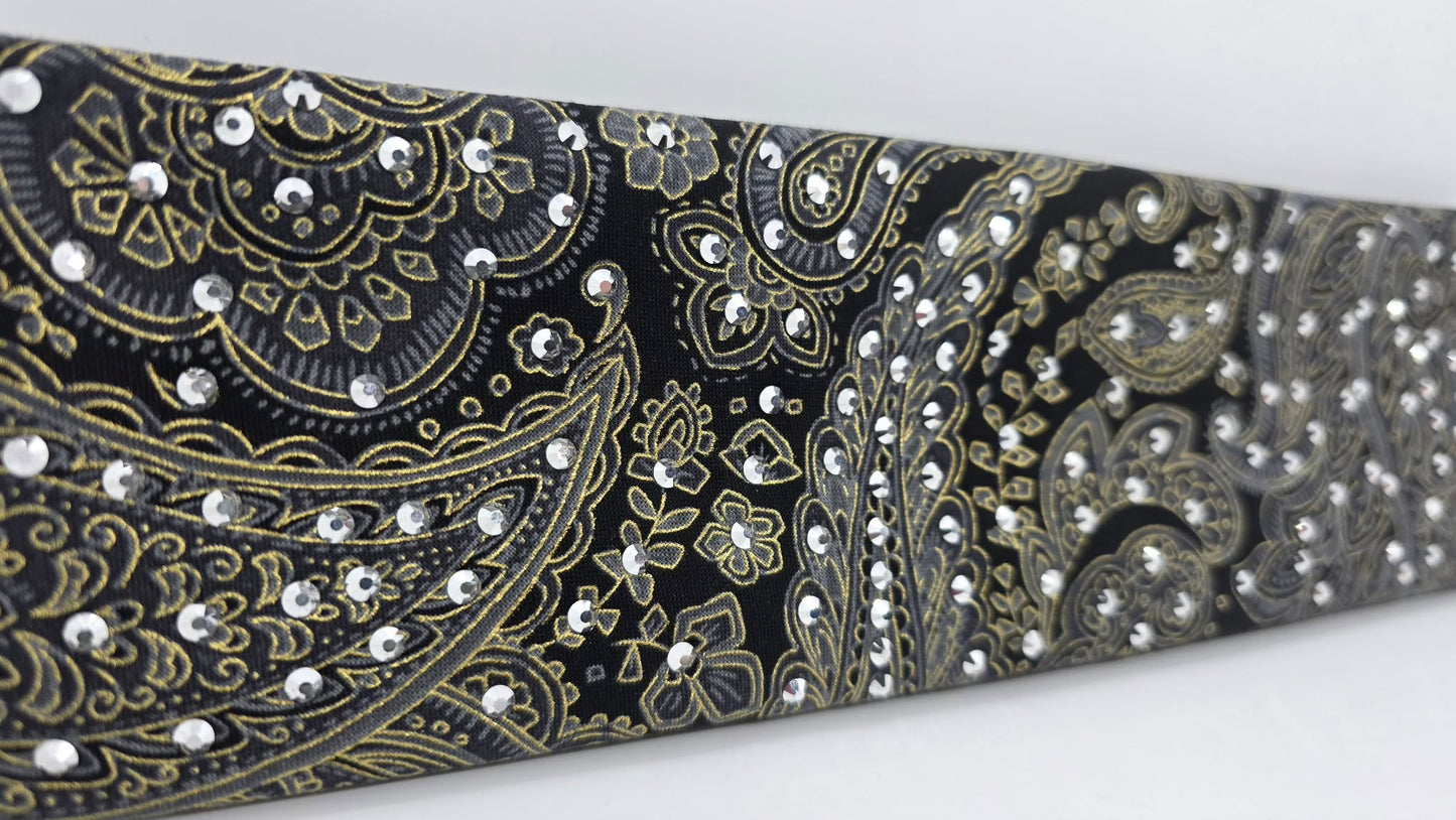 Grey and Gold Paisley on Black Bandana with Chrome Austrian Crystals (E60115)