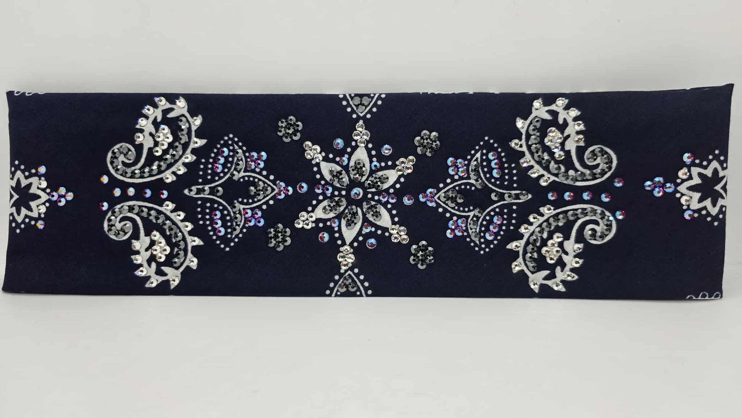 LeeAnnette Large Navy Blue Flower Bandana with Red Shimmer, Black and Diamond Clear Austrian Crystals (sku40104)