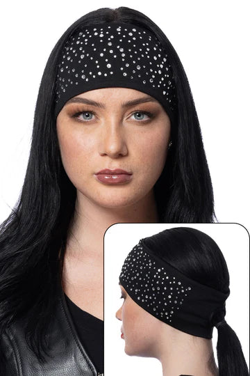 Stretchy Headband Gemstones on Black with Ponytail Hole (Sku5423)