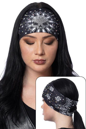 Stretchy Headband Gemstone Skull on Paisley with Ponytail Hole (Sku5426)