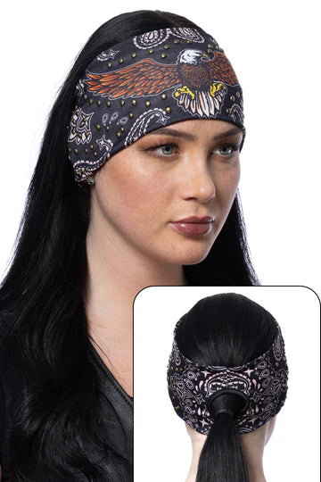 Stretchy Headband Studded Eagle Paisley with Ponytail Hole (Sku5425)