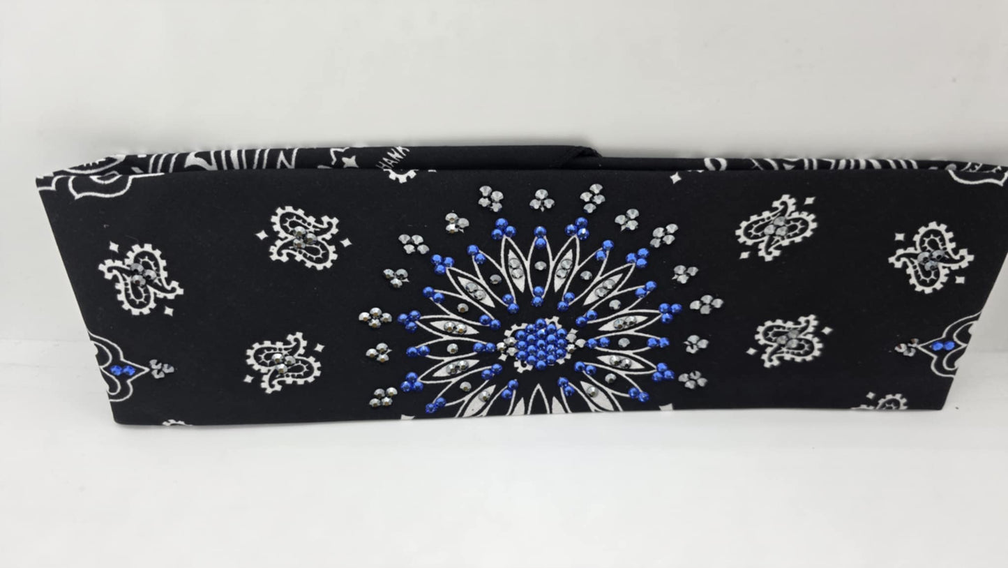 EXTRA BLING - Black Paisley Bandana with Blue and Black Austrian Crystals (sku6383)