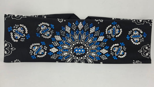 Super LeeAnnette Black Paisley Bandana with Capri Blue, Black and Diamond Clear Austrian Crystals (S48180)
